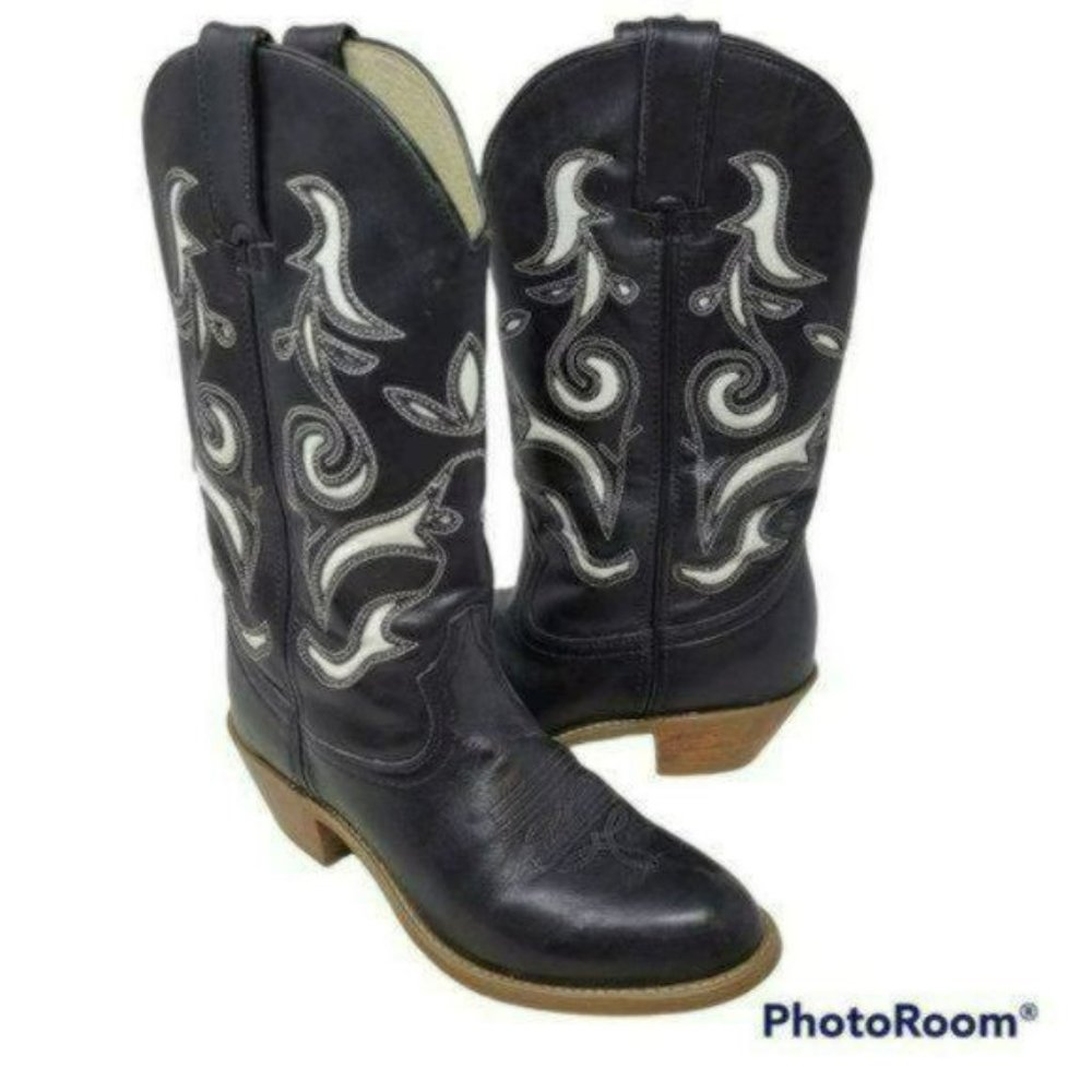 DURANGO Leather Inlaid Cowboy Boots Black White Walking Heel Women's Size 6M - Picture 7 of 8